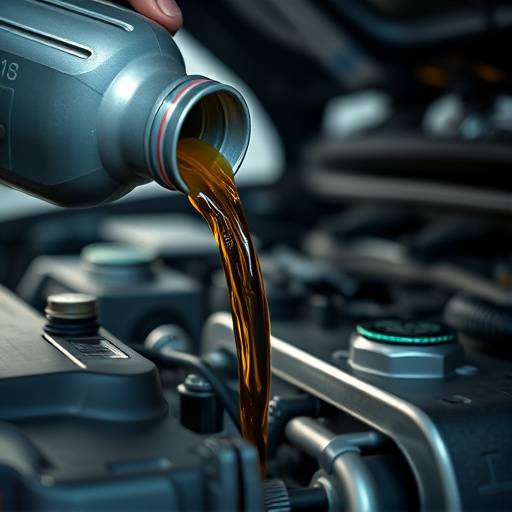 Close-up of oil being poured into an engine during an oil change.