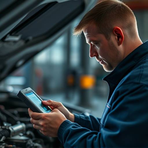 Technician performing engine diagnostics with a scan tool.