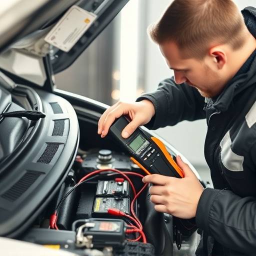 Technician testing a car battery with a multimeter.